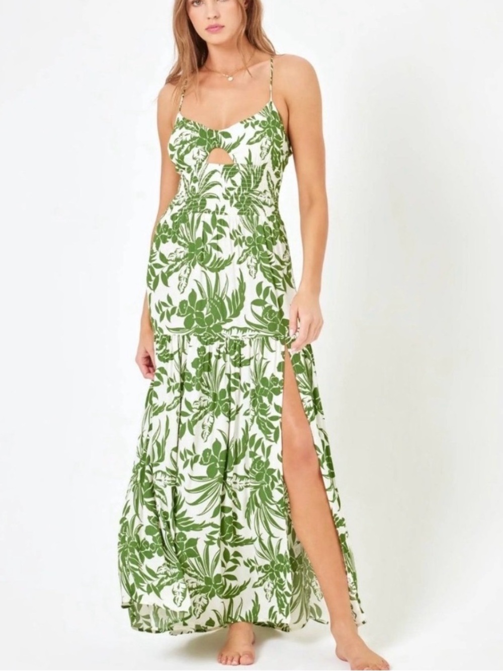 l*space Calla Destination Paradise Maxi Dress with Green Palm Print Side Slit L - Picture 1 of 10
